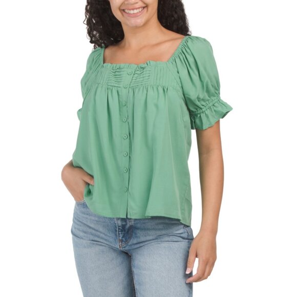 GILLI Green Linen Blend Puff Sleeve Button Down Shirt - Picture 1 of 2